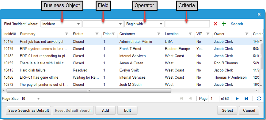 Record search window showing linking fields